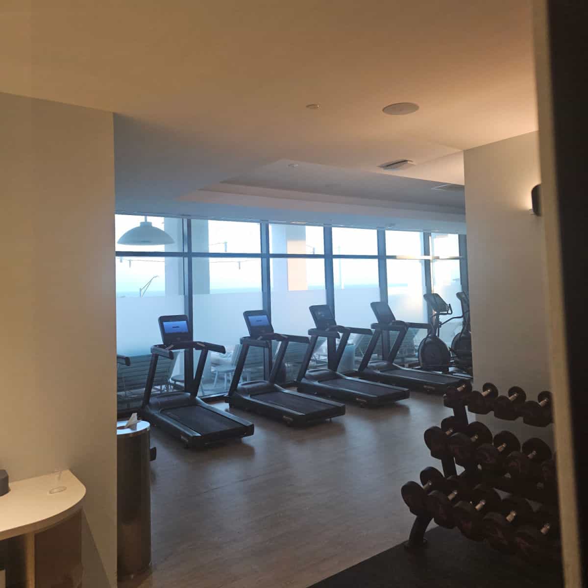 Indoor gym with treadmills and free weights for fitness training.