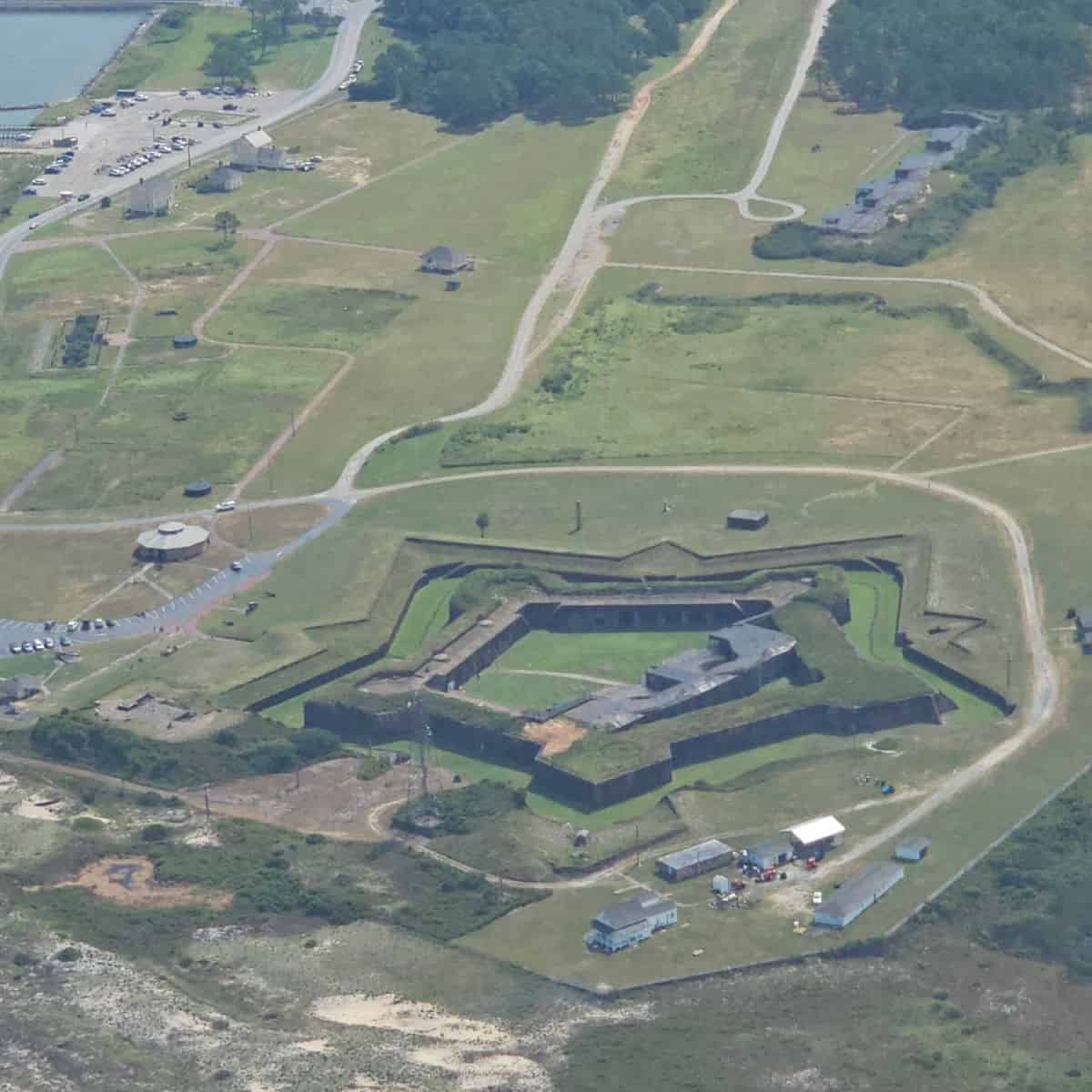 Looking over Historic Star Fort Morgan from the air