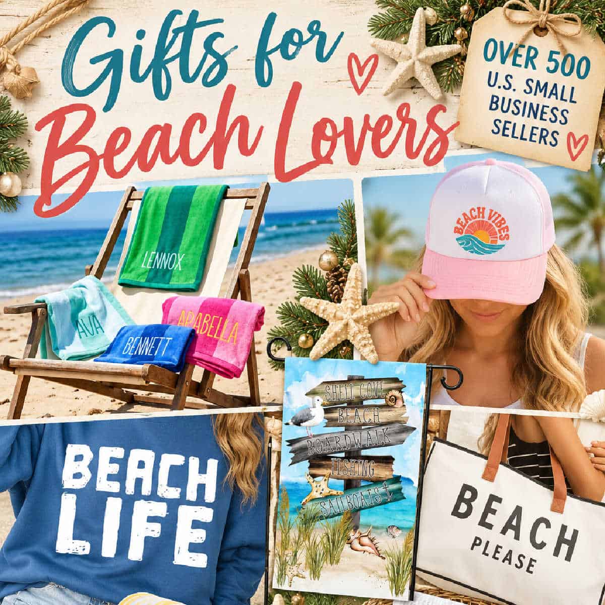 Collage of photos with gifts for beach lovers towels, hats, beach life sweatshirt, and beach please bag