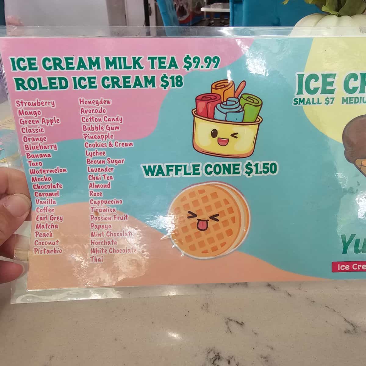 ice cream milk tea, rolled ice cream, waffle cone menu at Yummy
