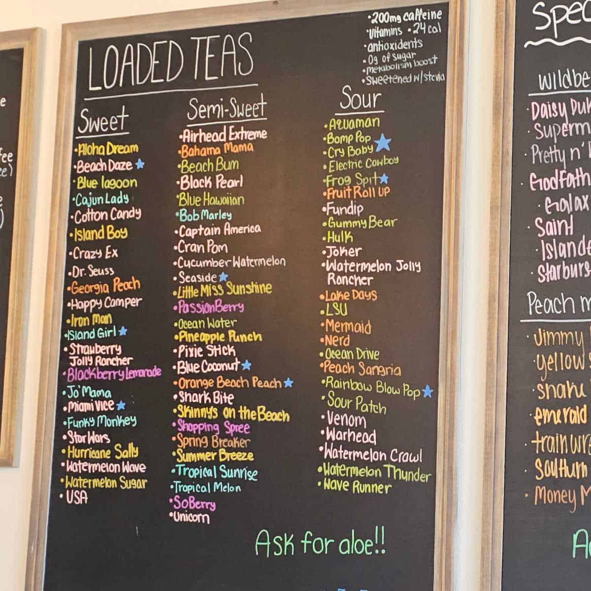 Loaded Teas menu with list of flavors by type sweet, semi-sweet, or sour