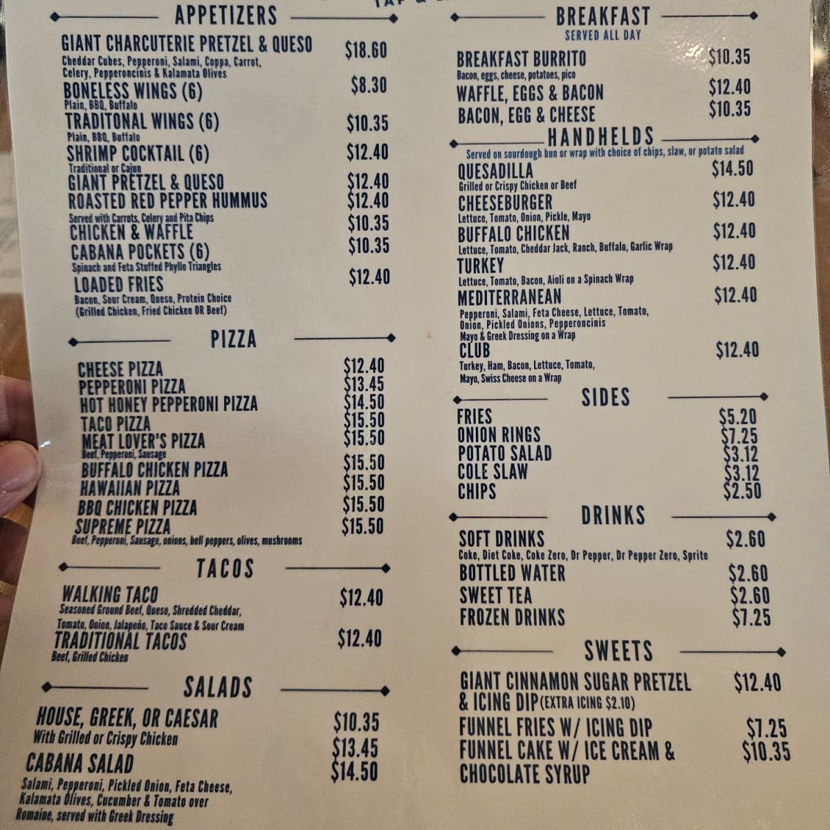 Cabanas Tap & Eatery menu with appetizers, pizza, tacos, salads, breakfast, sides, drinks, and sweets