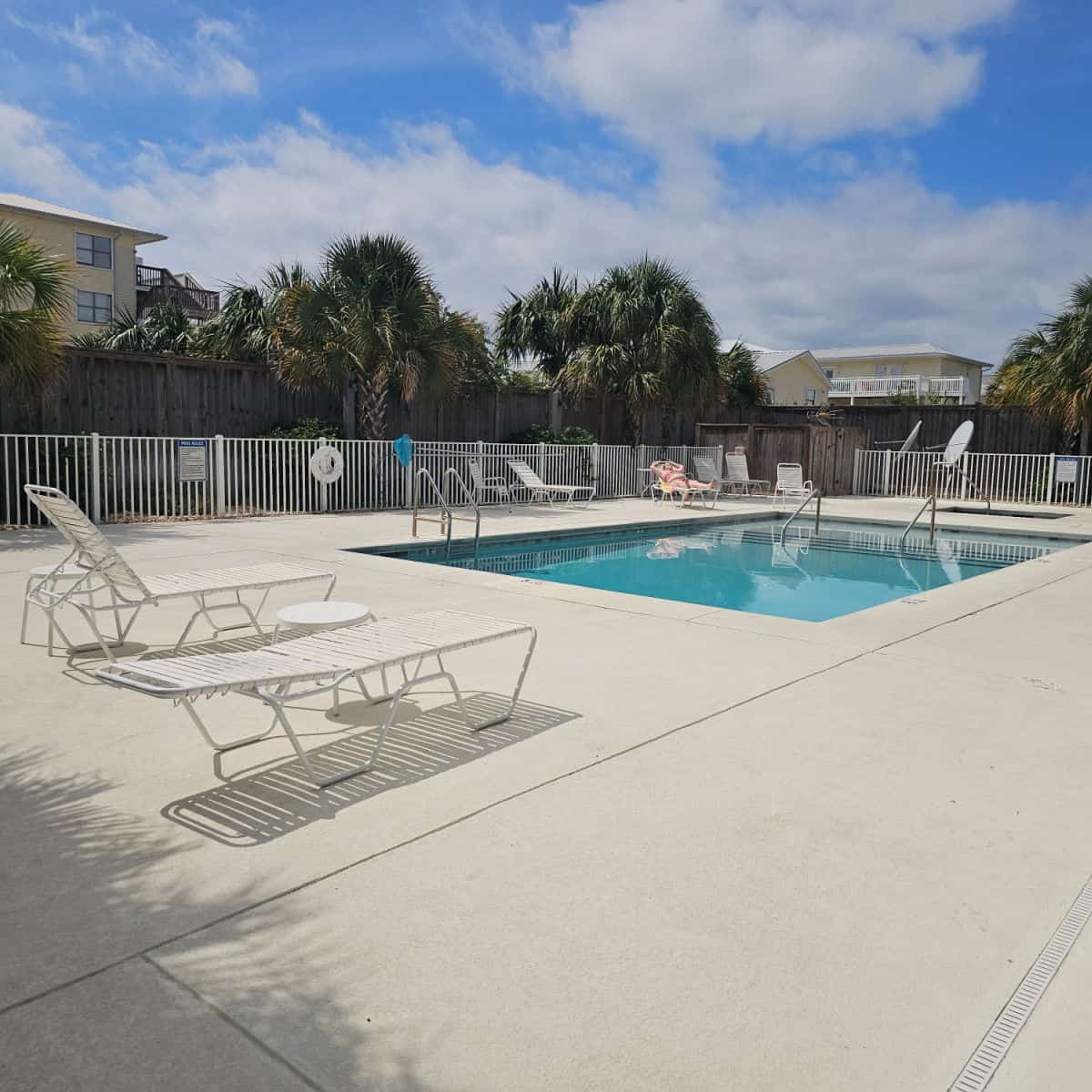 outdoor pool with deck chairs around the pool deck, palm trees along the side of the pool