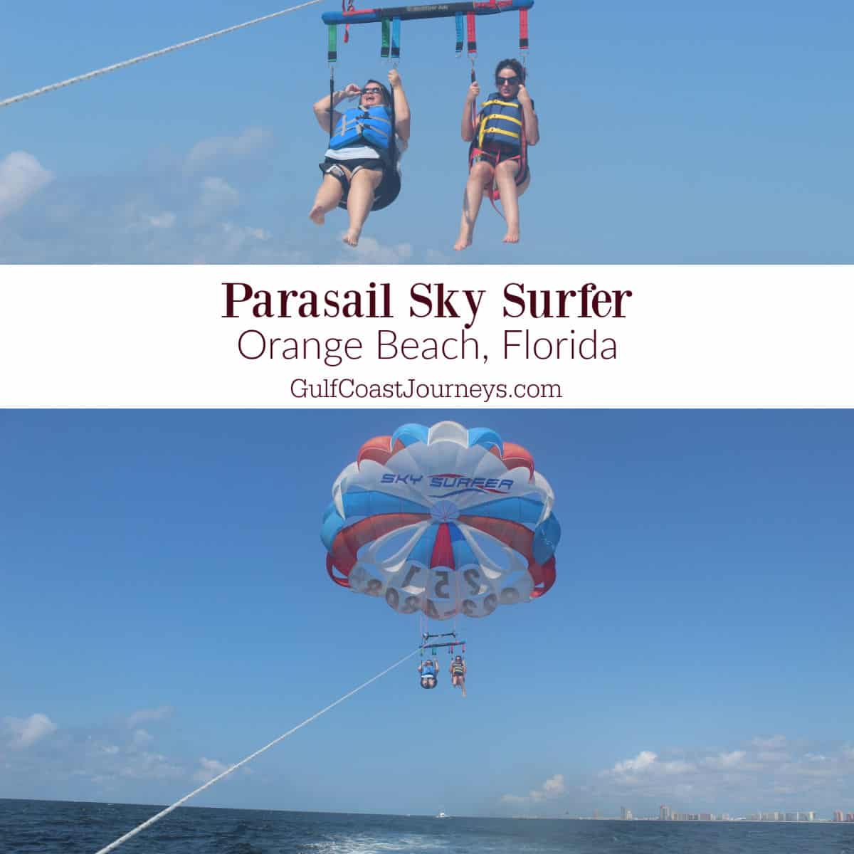 Parasail Sky Surfer Orange Beach text in between two photos of people parasailing with Orange Beach in the background