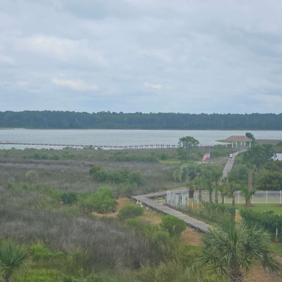 boardwalk out to the piers overlooking Little Lagoon with shrubs and grasses along the way
