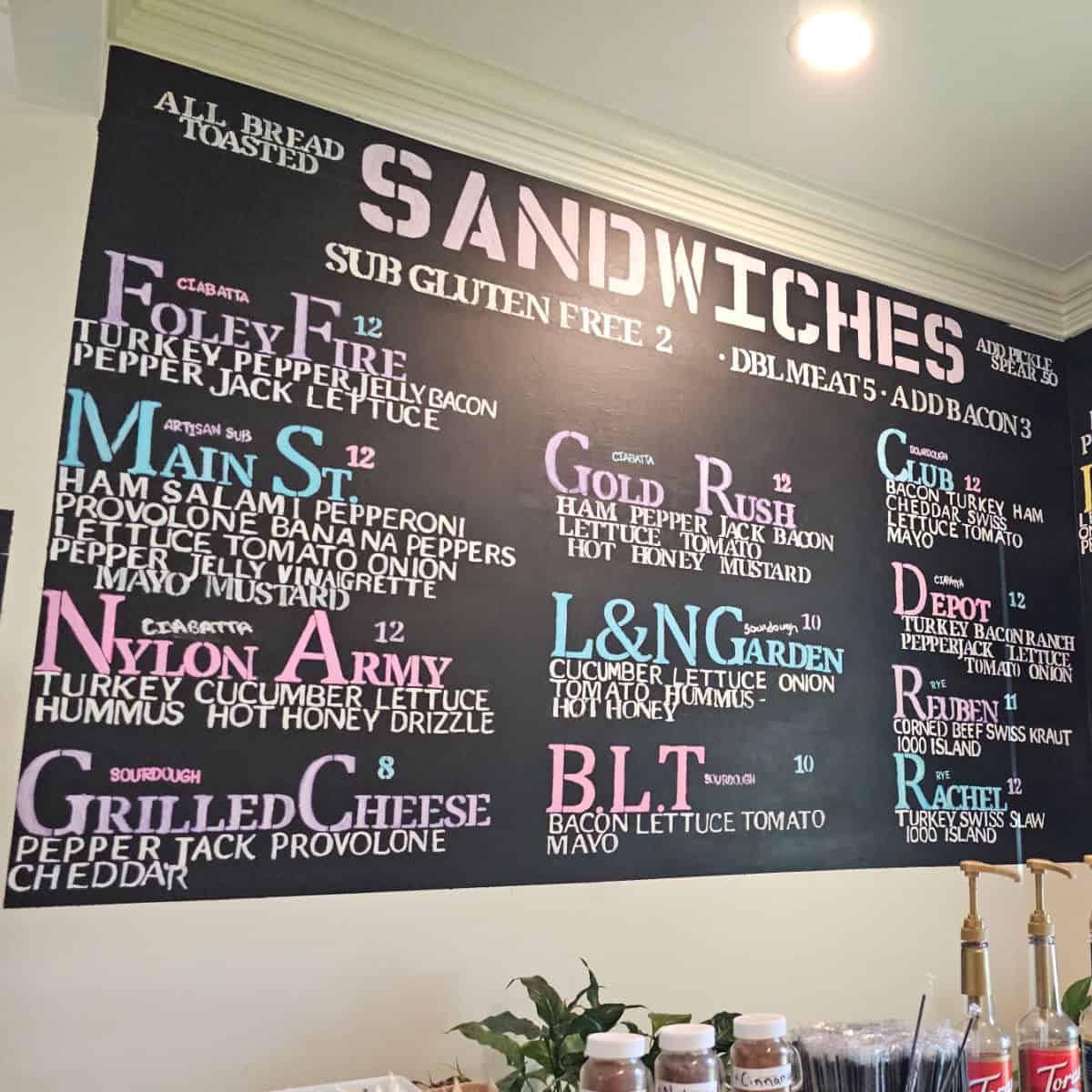 Sandwiches menu with options on a chalkboard