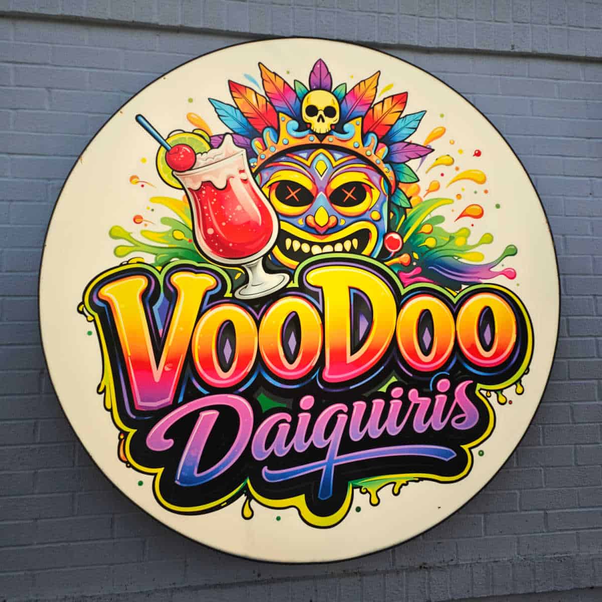 VooDoo Daiquiris sign with a mask, hurricane cocktail, and bright colors