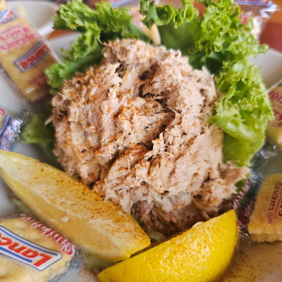 Smoked Tuna Dip with lettuce, lemons, and crackers