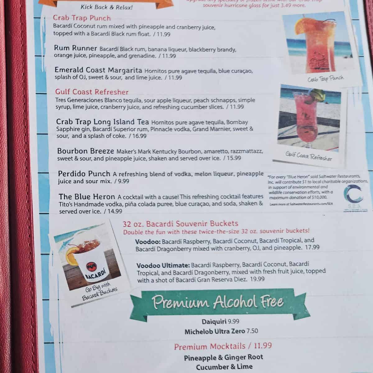 The crab trap cocktail menu