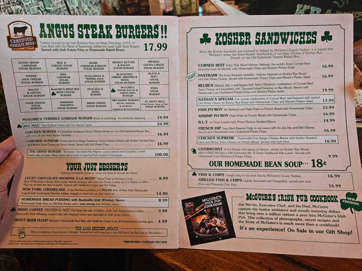 Angus Steak Burgers, desserts, and Kosher Sandwiches menu McGuire's Irish Pub