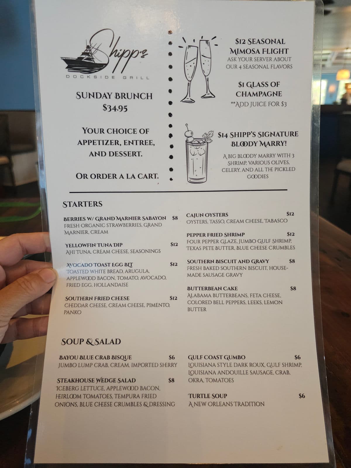 Shipp's Dockside Grill Sunday Brunch Menu with starters, soups & salads