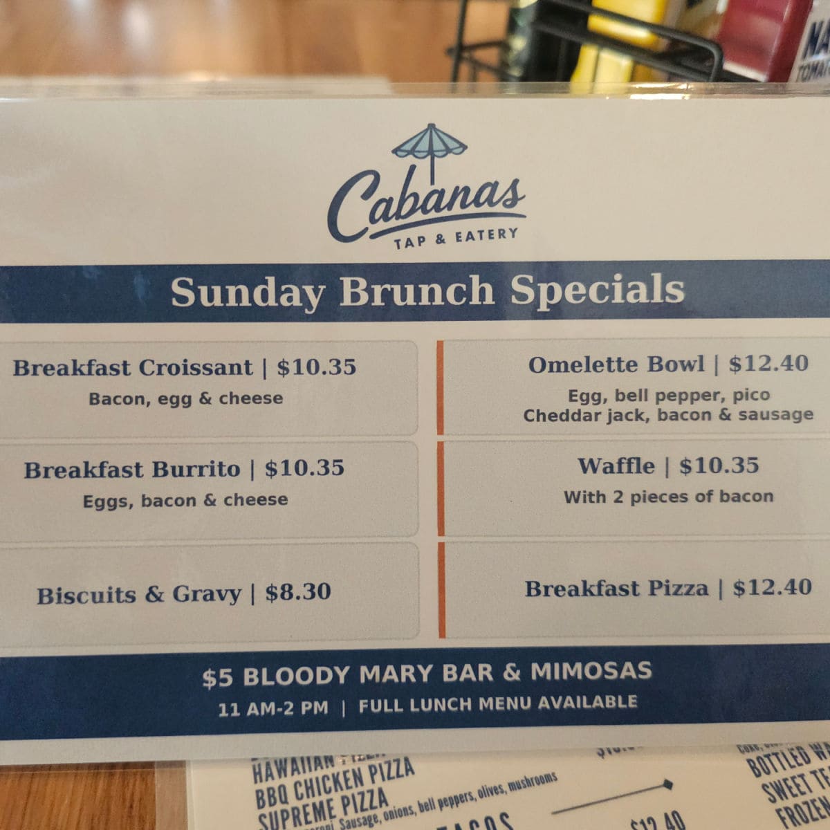 Cabanas Tap & Eatery Sunday Brunch Specials Menu