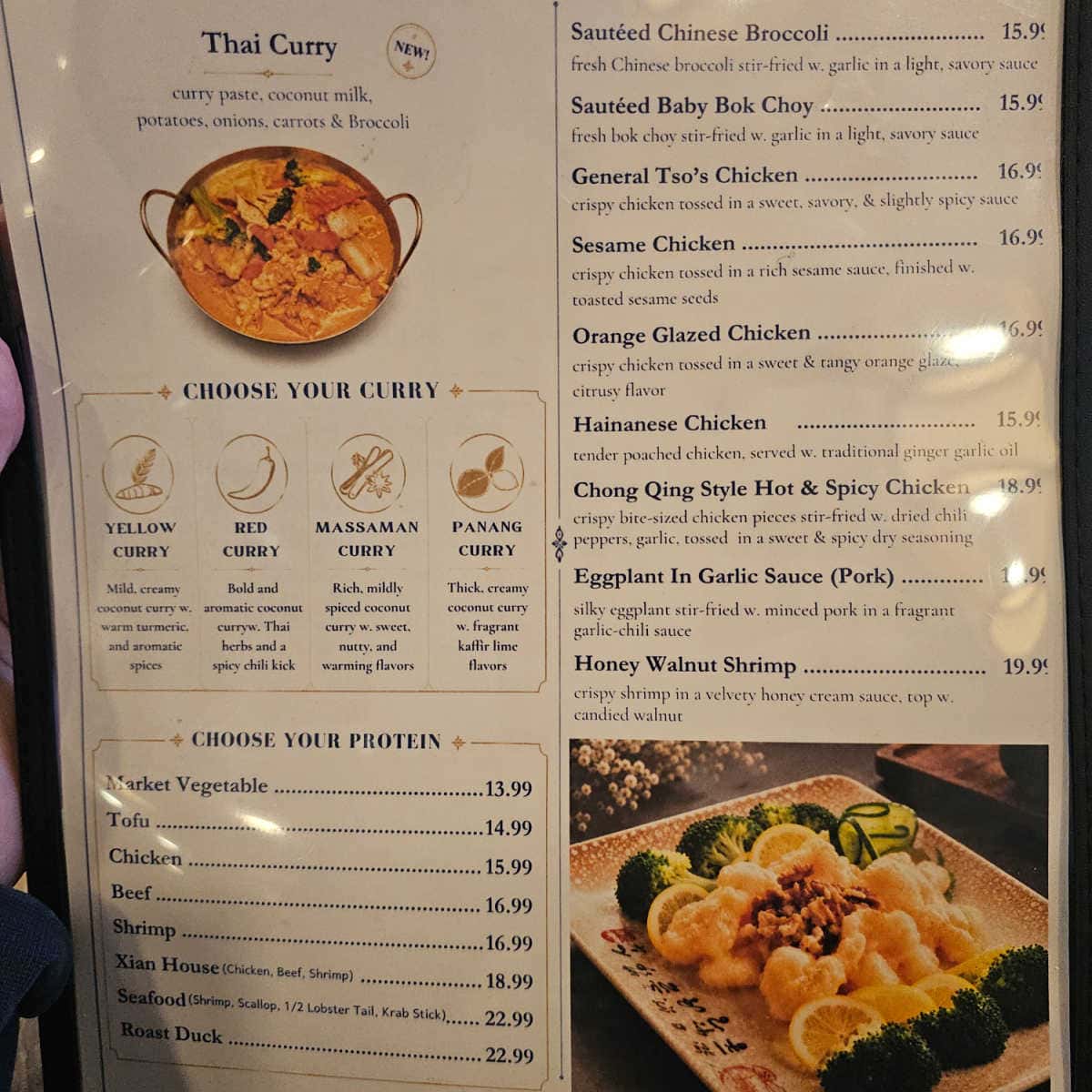 Thai Curry Menu with choose your curry, choose your protein