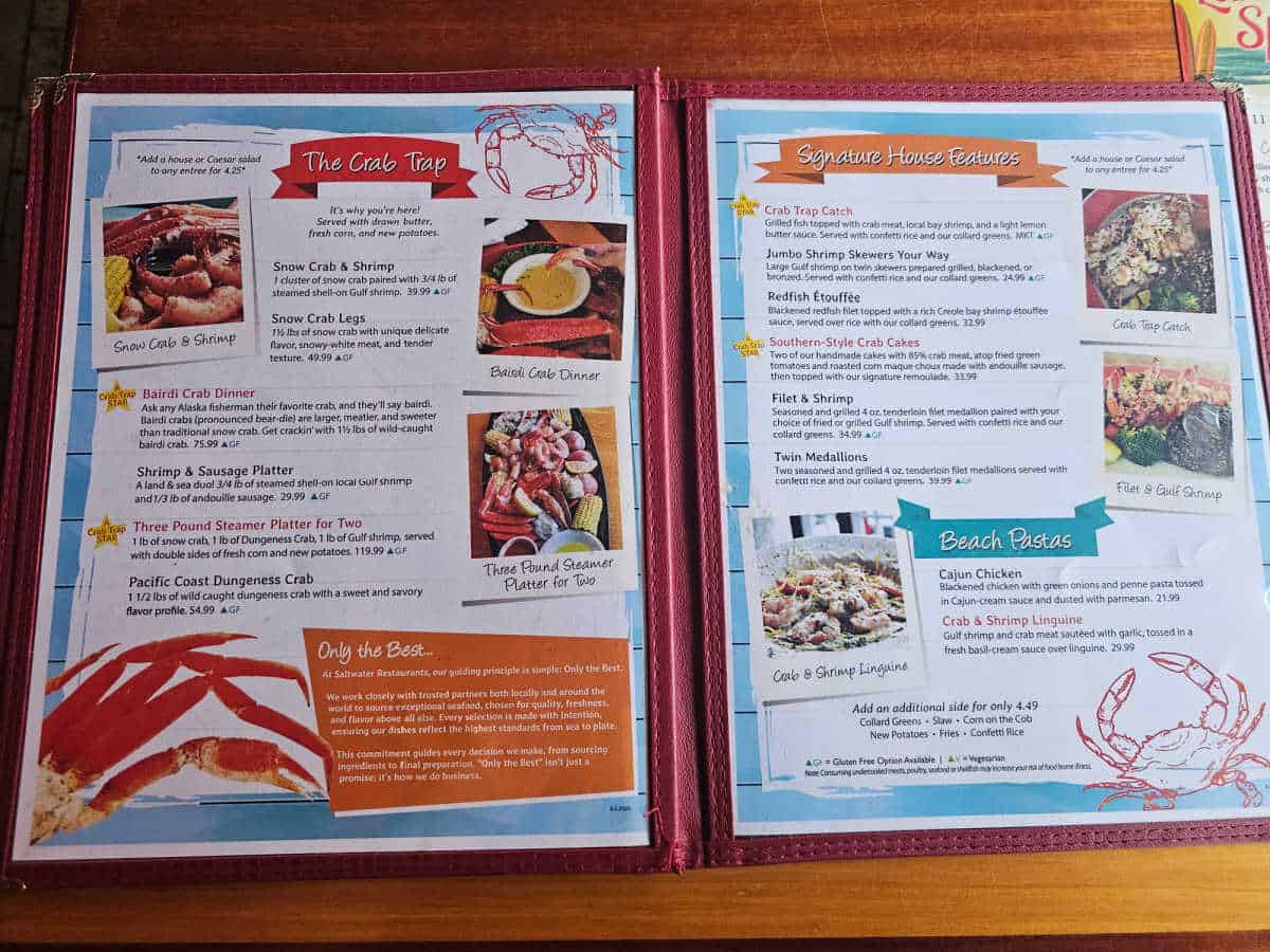 The Crab Trap, Signature House Features, and Beach Pastas menu at The Crab Trap