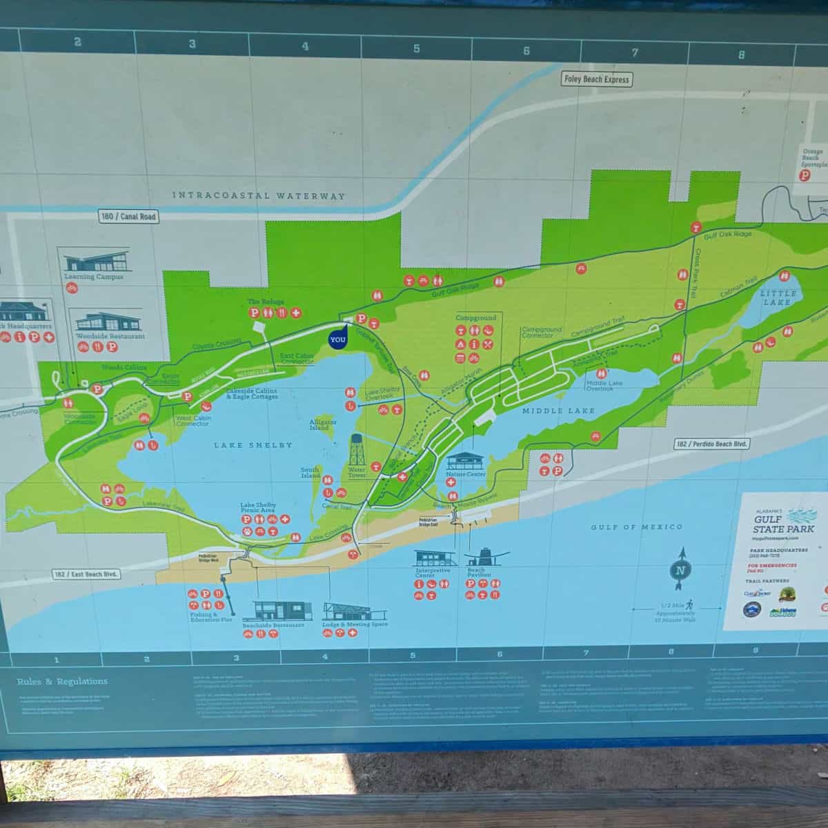 Trail Map in Gulf State Park with the Hugh S Branyon Backcountry Trails marked