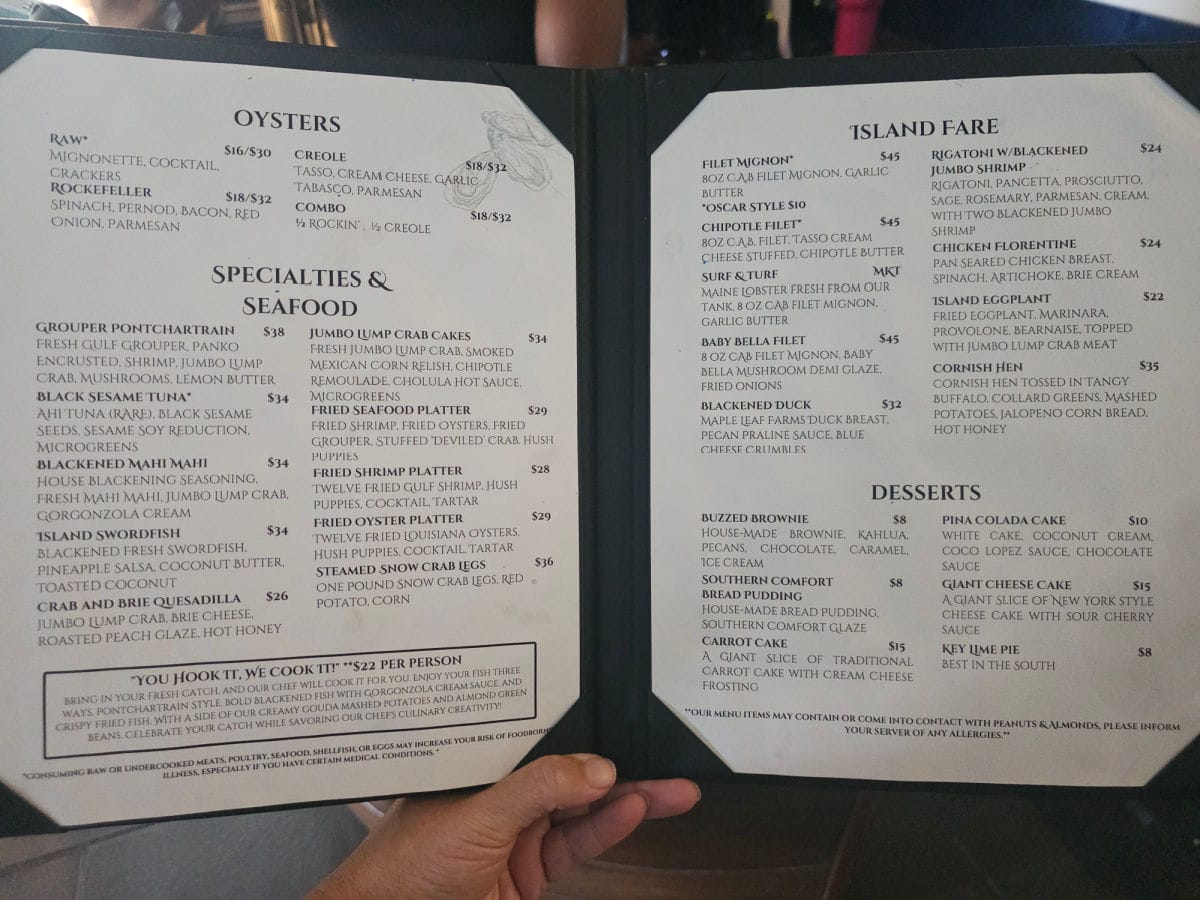 oysters, specialties and seafood, island fare, and desserts menu for Shipp's dockside upper deck