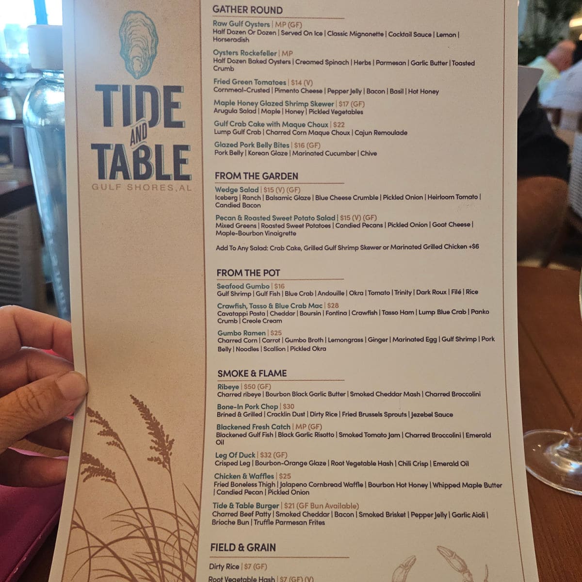 Tide and Table Gulf Shores menu with appetizers, salads, soups, steaks and field & grain