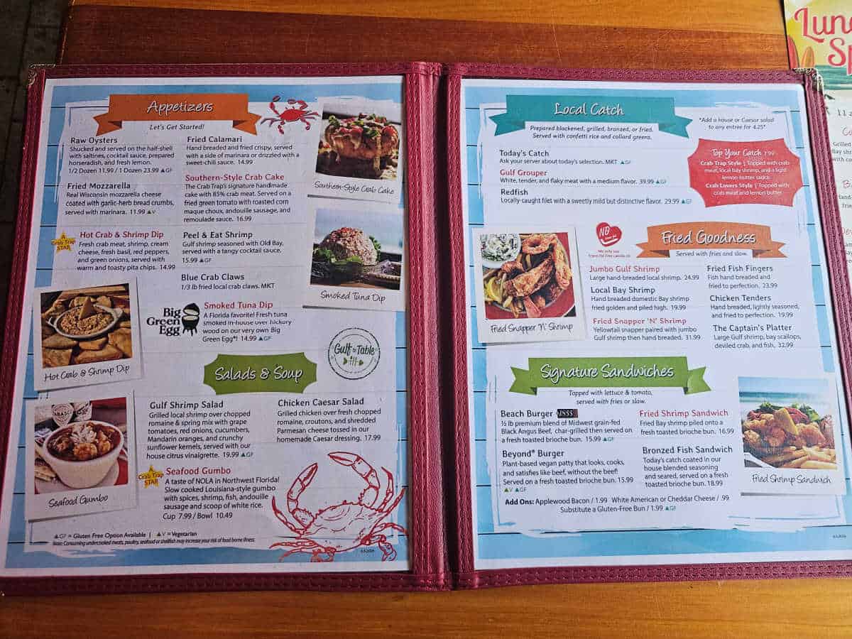 Appetizers, Salads & Soups, Local Catch, Fried Goodness, and Signature sandwiches menu at The Crab Trap