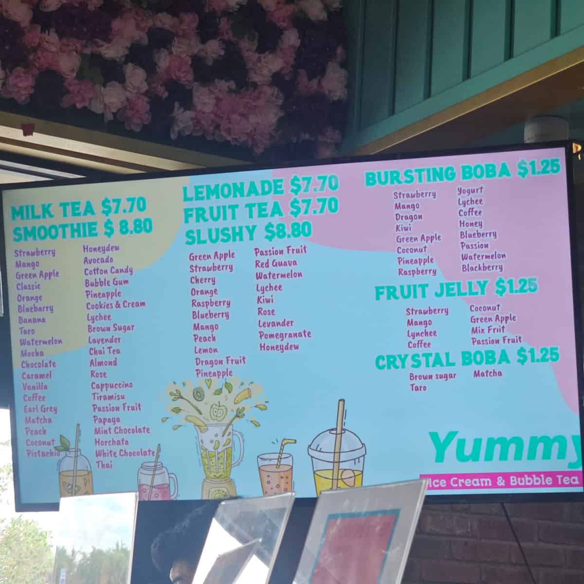milk tea, smoothie, lemonade, fruit tea, slushy, bursting boba, fruit jelly, and crystal boba menu