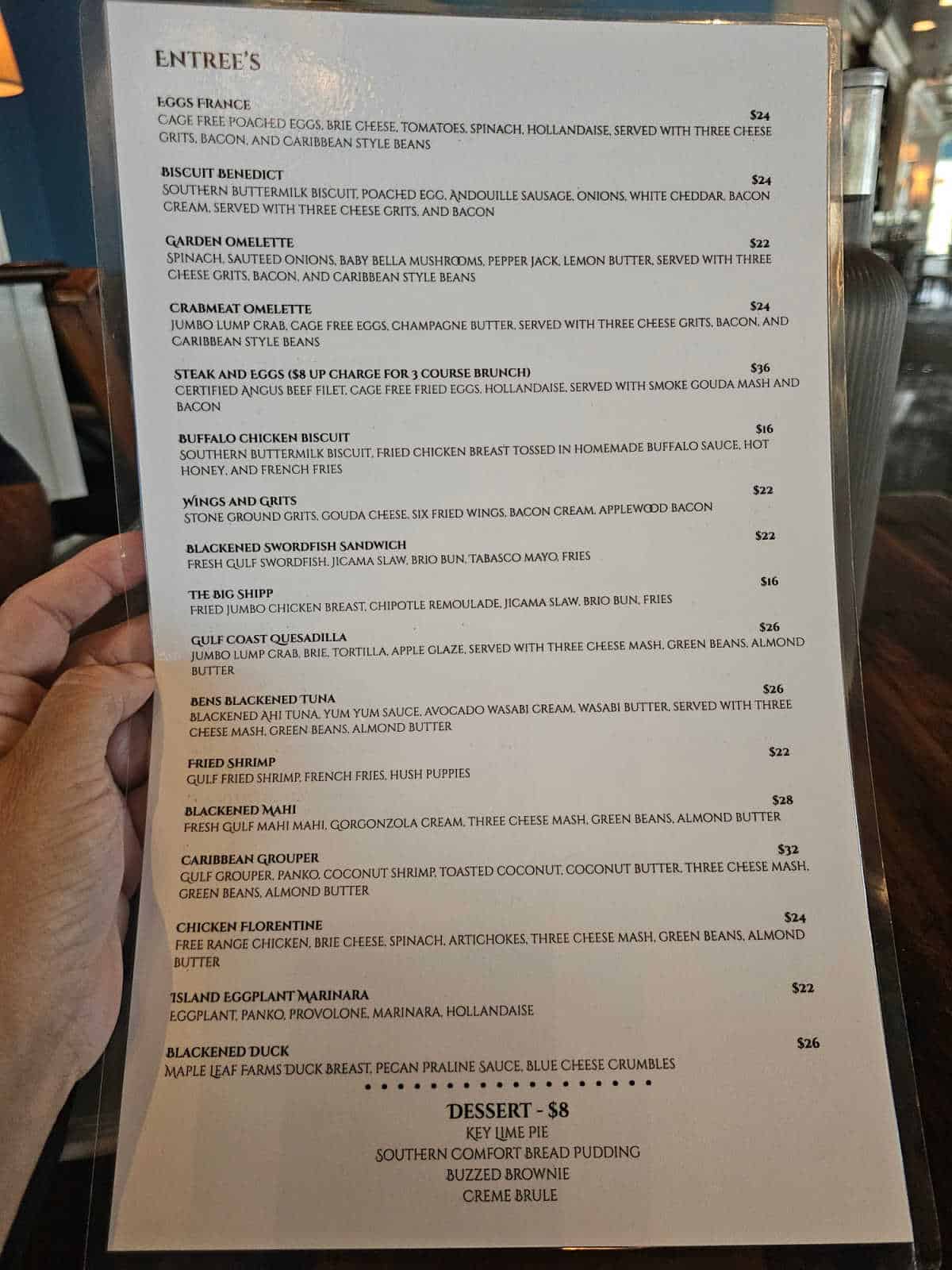 Brunch Entrees and dessert menu for Shipp's Dockside Sunday Brunch