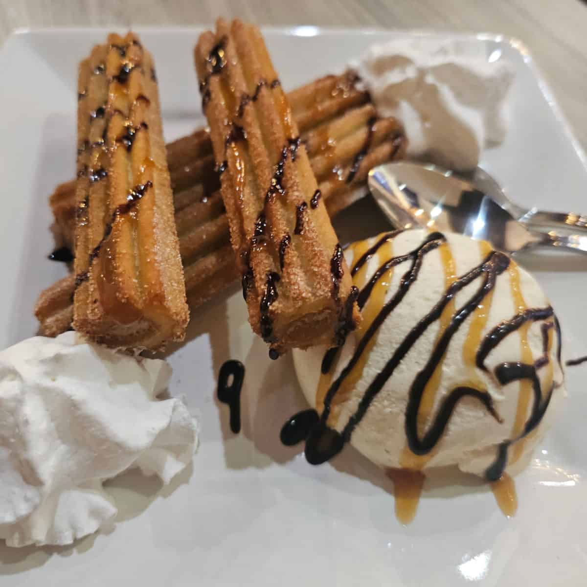 churros on a white plate with ice cream and whipped cream