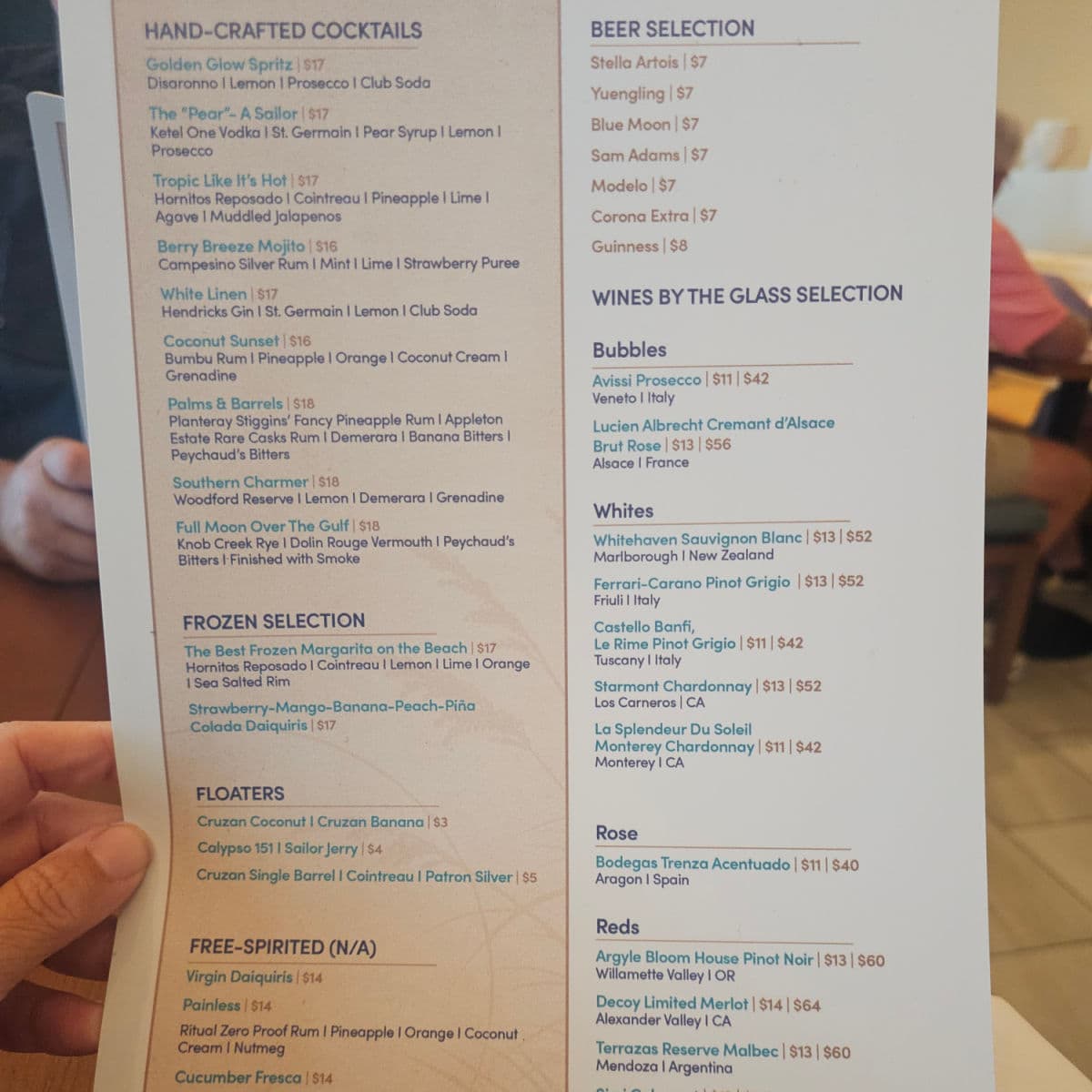 Cocktail wine and beer menu