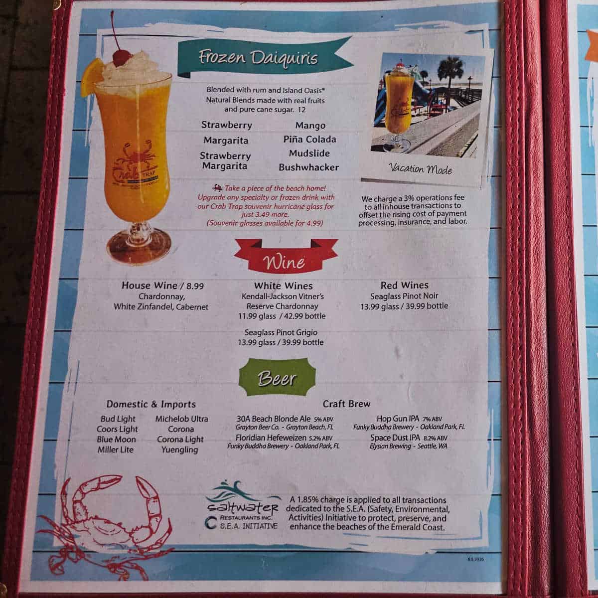Cocktail menu with wine and beer