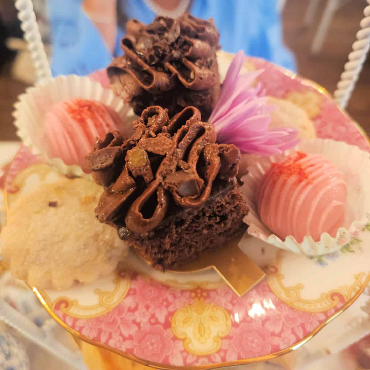 mini chocolate cakes, truffles, and cookies on a pink floral plate