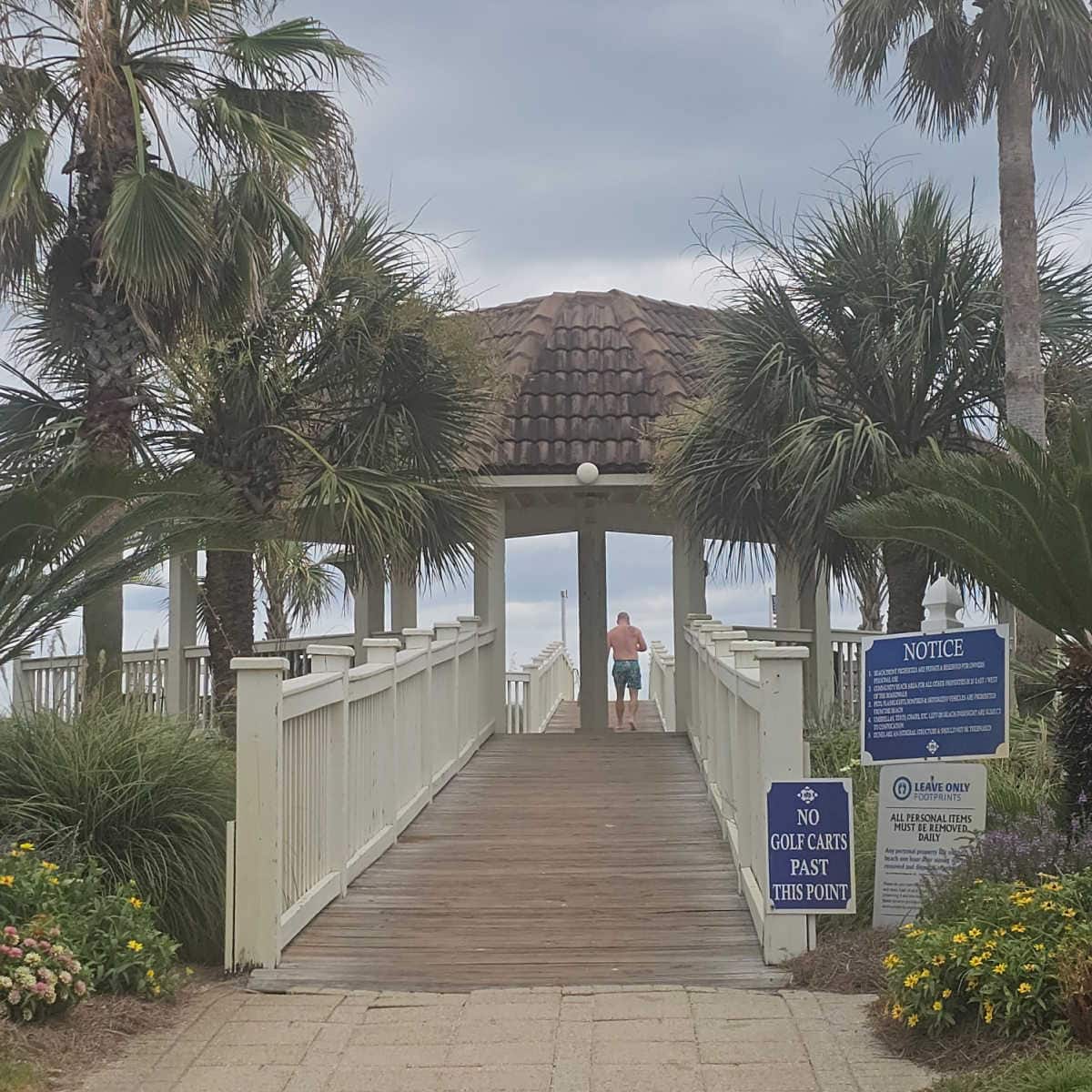 walkway under a hut towards the beach with palm trees on both side