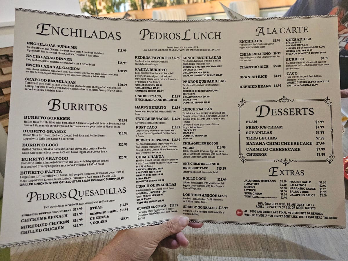 Pedros lunch menu, enchiladas, burritos, quesadillas, ala cart and dessert