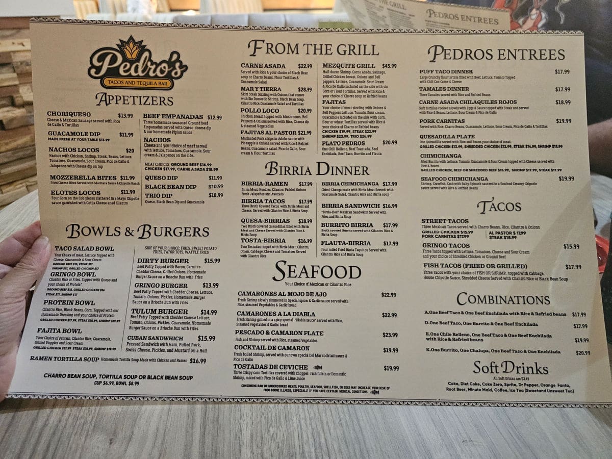 Pedros Menu with appetizers, bowls & burgers, from the grill, birria dinner, seafood, Pedro's entrees,tacos, and combinations