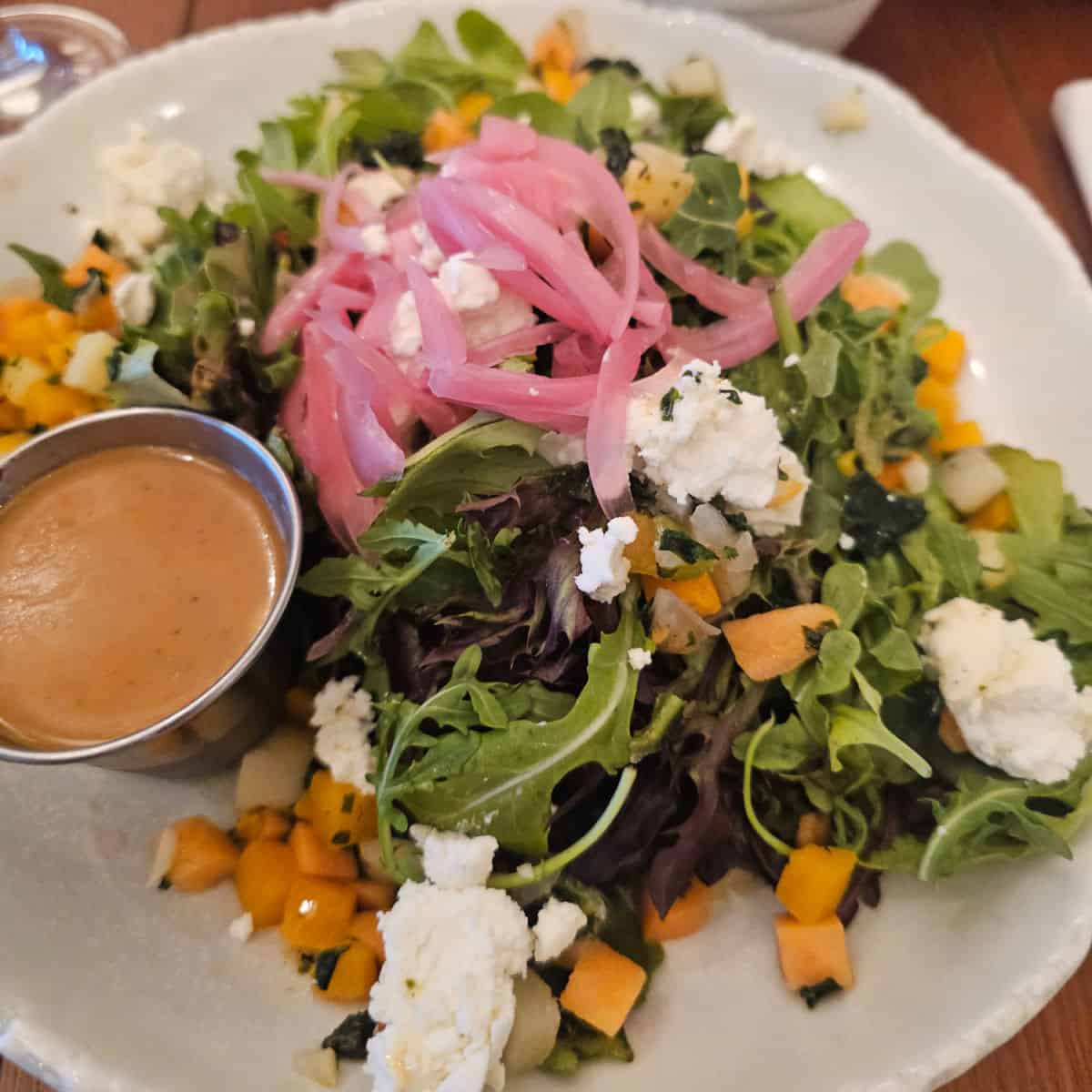 Salad with cheese, red onions, and a container of sauce on a white plate