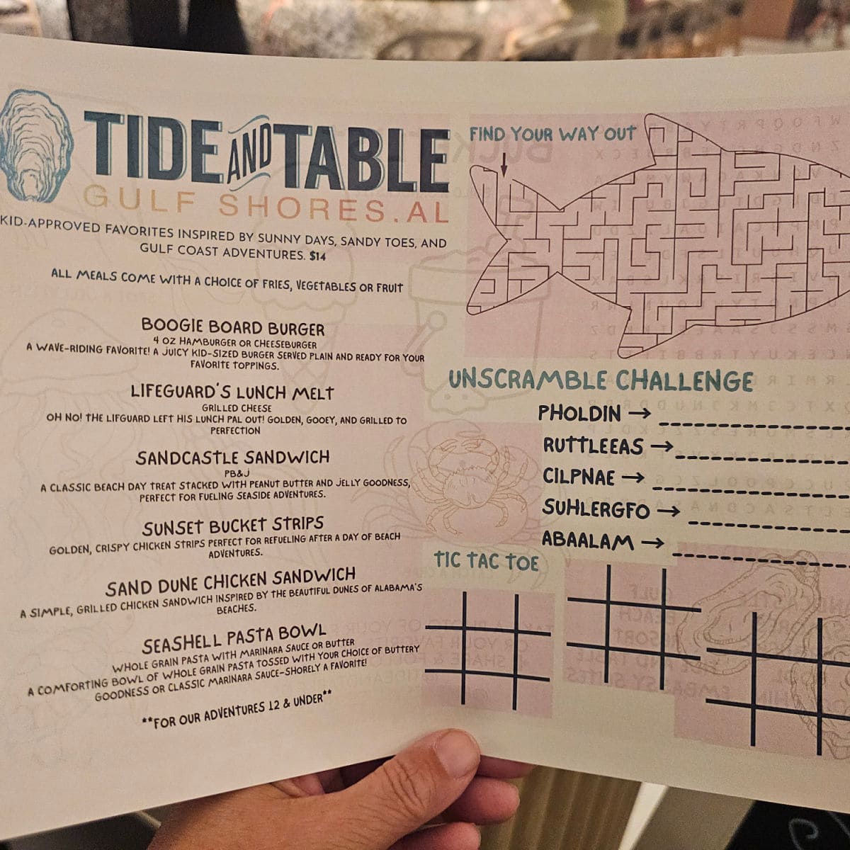 Tide & Table kids menu with a maze, word scramble, tic tac toe, and menu items