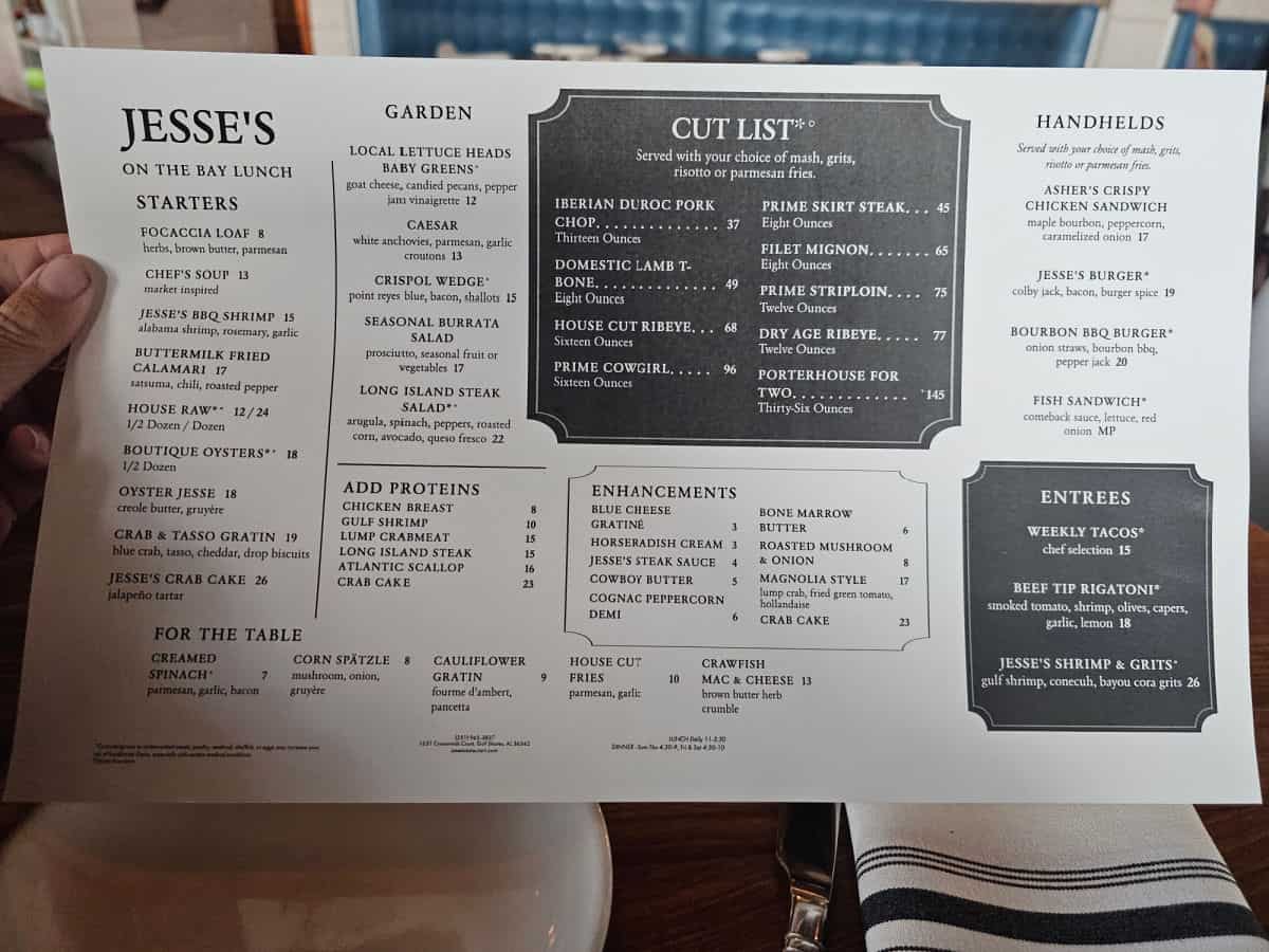 Jesse's on the Bay lunch menu with starters, garden, cut list, entrees and handhelds