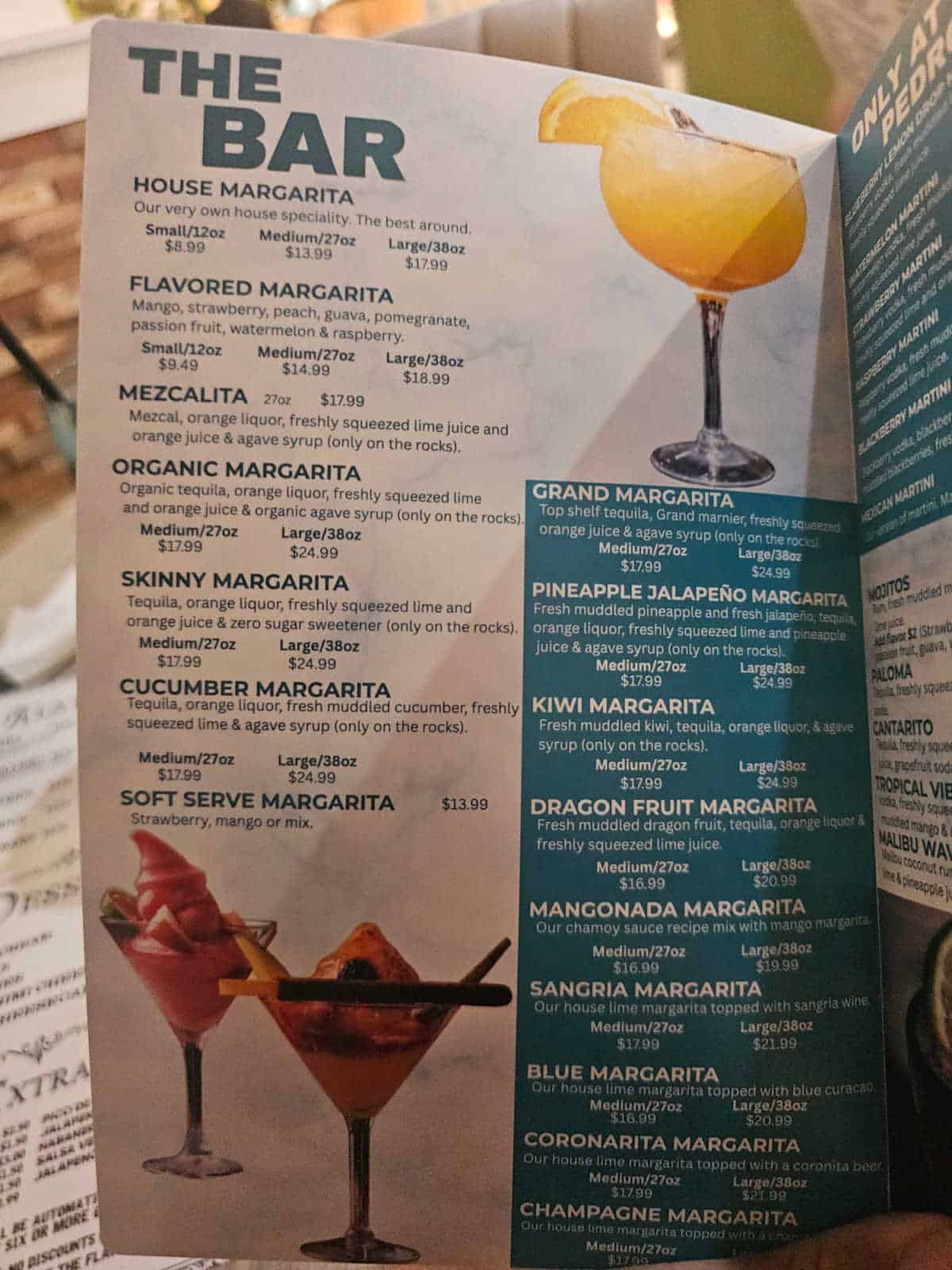 The Bar menu with margaritas