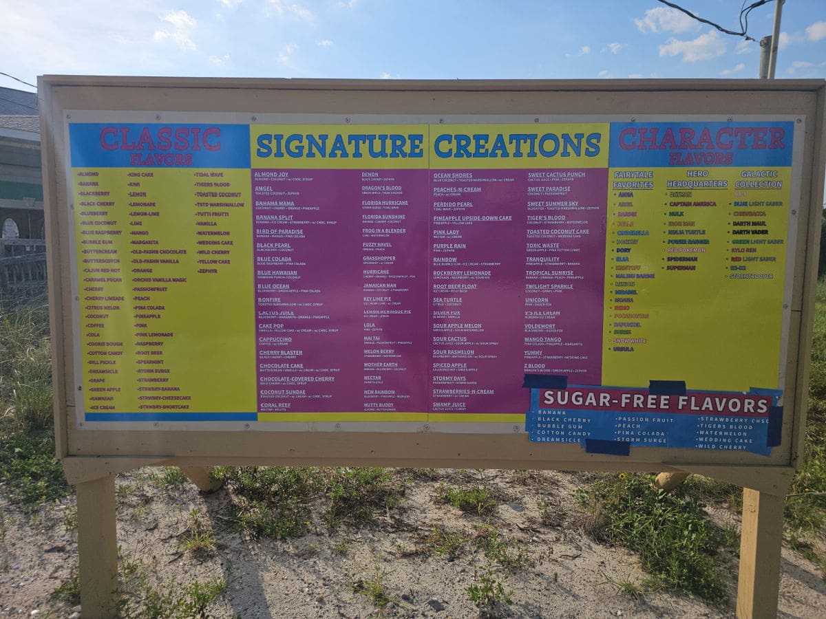 Dave's Sno Balls menu with classic flavors, signature creations, character flavors, and sugar free flavors
