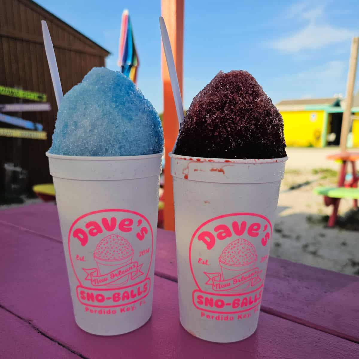 Dave's Sno-Balls Perdido Key cups with two different color snowballs