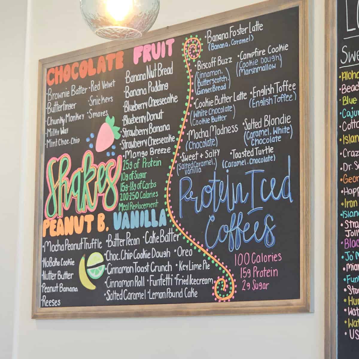 Protein shakes and protein iced coffee menu board
