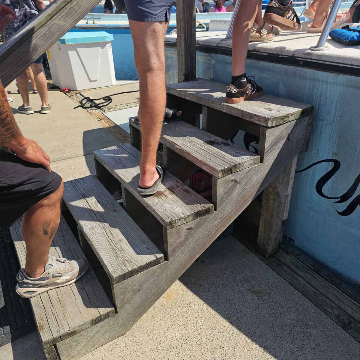 Wooden steps to get onto the Surf's Up dolphin cruise boat with people standing on the steps