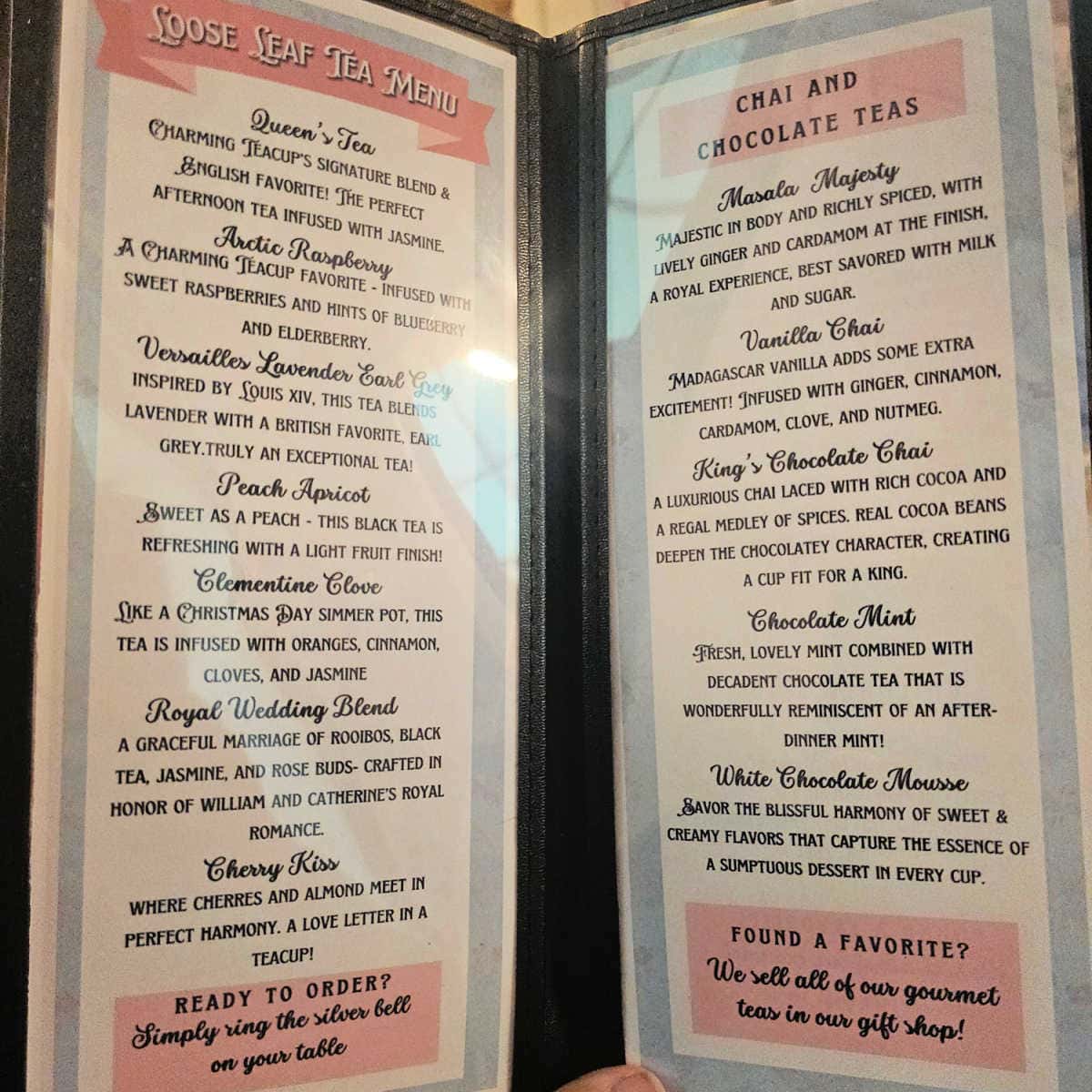 Loose leaf tea menu with chai and chocolate teas